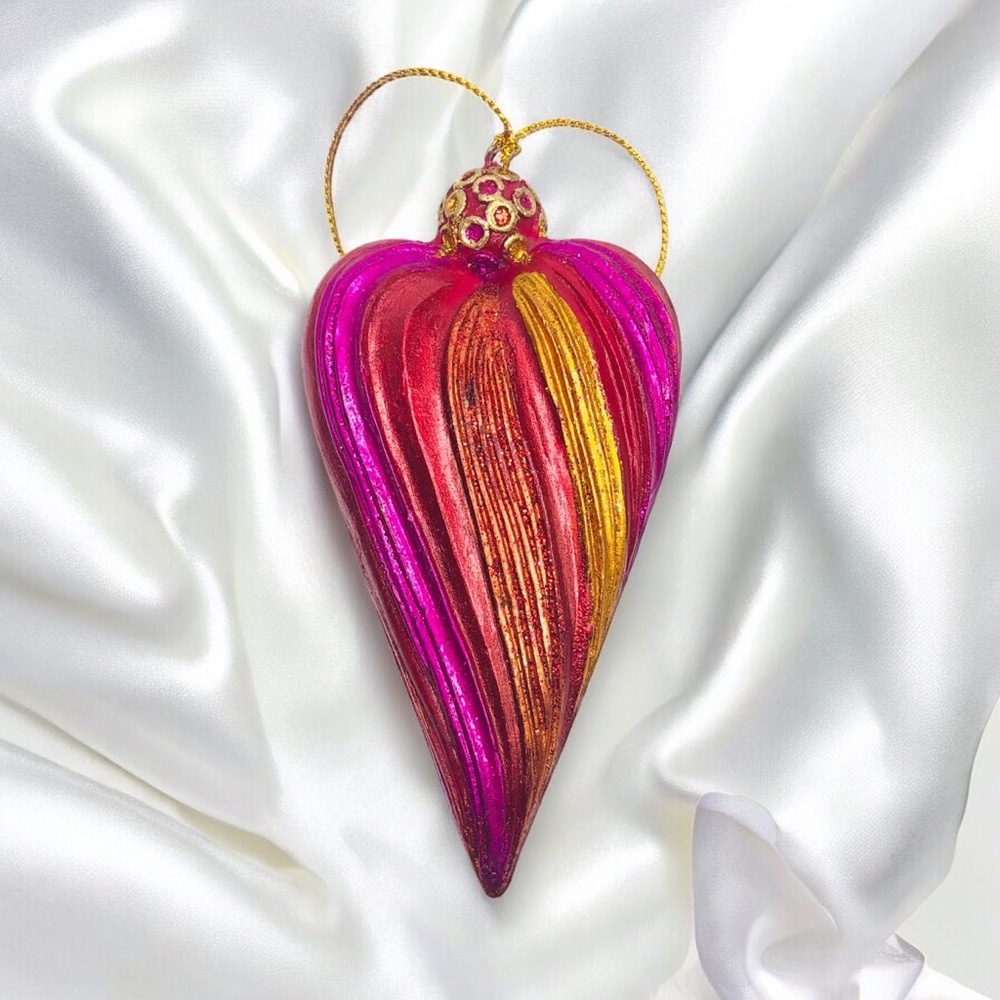 Vintage Heart Glittery Christmas Ornament Pink Red Gold Lover Gift Hand Painted
